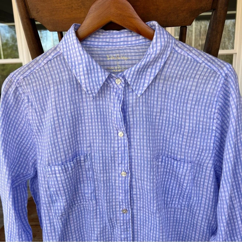 Lilly Pulitzer 100% Linen Button Down Shirt Women’s Purple Blue Plaid Size Large - Picture 1 of 15